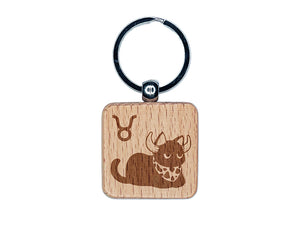 Astrological Cat Taurus Horoscope Zodiac Sign Engraved Wood Square Keychain Tag Charm