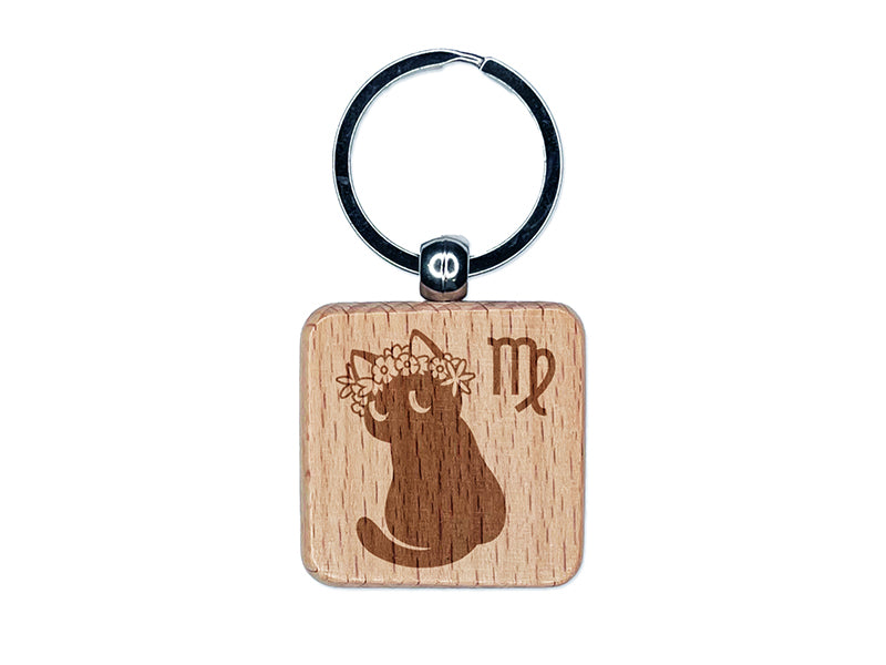 Astrological Cat Virgo Horoscope Zodiac Sign Engraved Wood Square Keychain Tag Charm