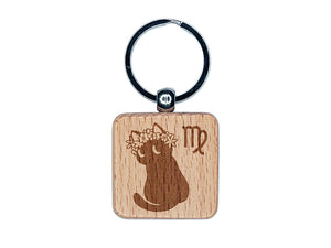 Astrological Cat Virgo Horoscope Zodiac Sign Engraved Wood Square Keychain Tag Charm