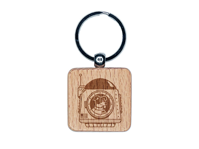 Astronaut Space Dog in Shuttle Landing Pod Engraved Wood Square Keychain Tag Charm