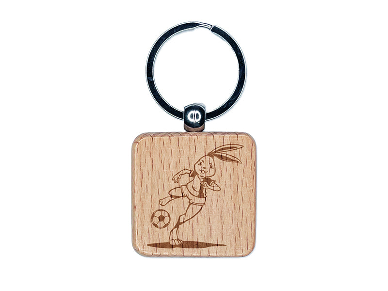 Athletic Bunny Rabbit Kicking Soccer Ball Football Engraved Wood Square Keychain Tag Charm