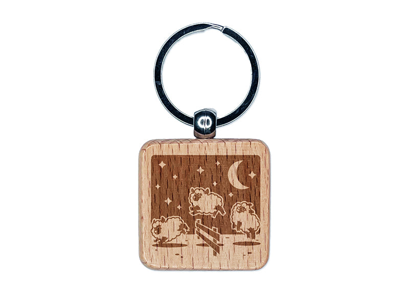 Counting Jumping Sleeping Sheep with Moon and Stars at Night Engraved Wood Square Keychain Tag Charm