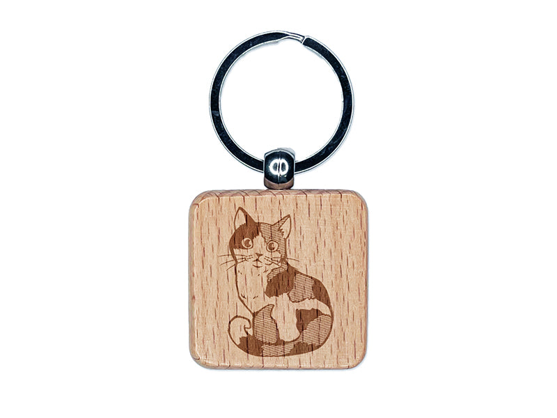 Cute and Curious Spotted Calico Cat Engraved Wood Square Keychain Tag Charm
