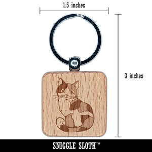 Cute and Curious Spotted Calico Cat Engraved Wood Square Keychain Tag Charm