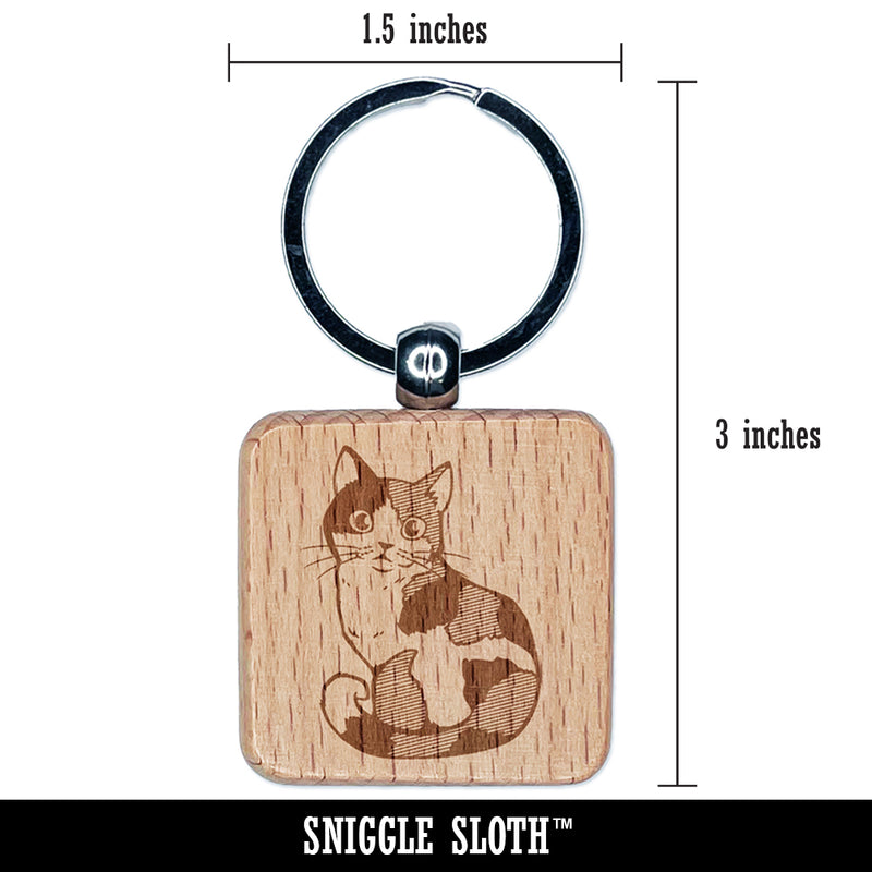 Cute and Curious Spotted Calico Cat Engraved Wood Square Keychain Tag Charm