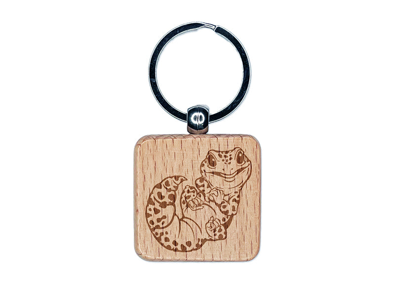 Cute Baby Leopard Gecko Lizard with Spots Engraved Wood Square Keychain Tag Charm