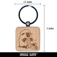 Cute Sheep Knitting with Wool Yarn Engraved Wood Square Keychain Tag Charm