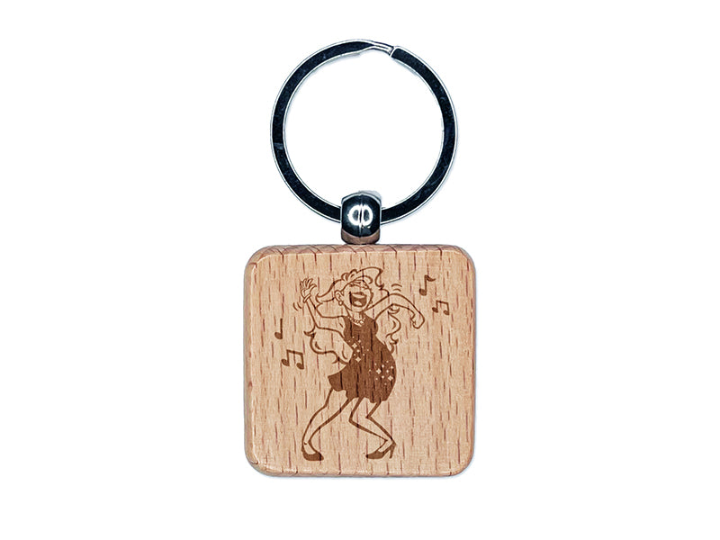Dancing Party Girl with Musical Notes Engraved Wood Square Keychain Tag Charm