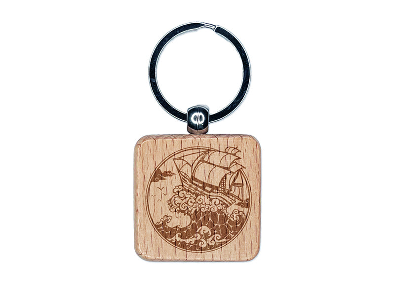 Fantasy Ship on Large Ocean Wave Engraved Wood Square Keychain Tag Charm