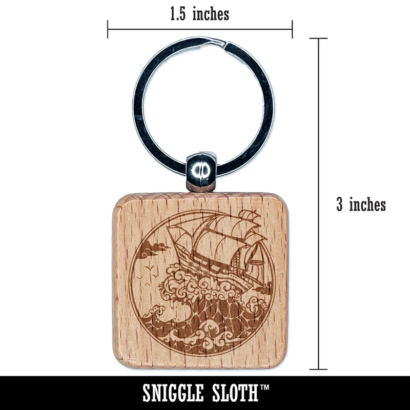 Fantasy Ship on Large Ocean Wave Engraved Wood Square Keychain Tag Charm
