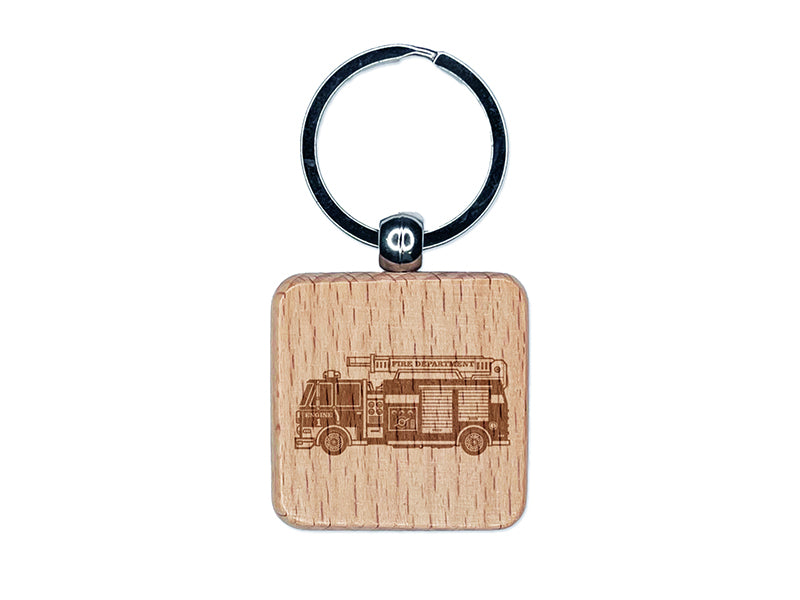 Firetruck Firefighter Safety First Responder Fire Department Vehicle Engraved Wood Square Keychain Tag Charm