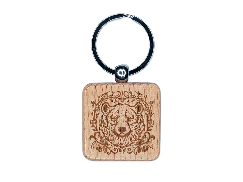 Floral Black Bear Head with Flowers and Blackberries Engraved Wood Square Keychain Tag Charm