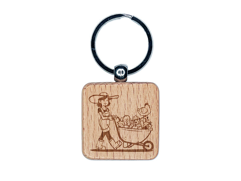 Gardener Farmer Girl with Wheelbarrow of Fruits Vegetables Chicken Engraved Wood Square Keychain Tag Charm
