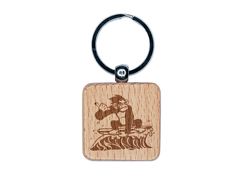 Gnarly Surfer Chimpanzee Ape on Wave Engraved Wood Square Keychain Tag Charm