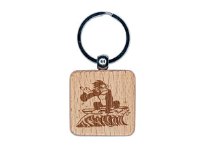 Gnarly Surfer Chimpanzee Ape on Wave Engraved Wood Square Keychain Tag Charm