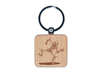 Happy Spooky Dancing Skeleton Bones Engraved Wood Square Keychain Tag Charm