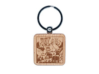 Here Comes the Yule Cat Icelandic Myth Folklore Christmas Engraved Wood Square Keychain Tag Charm