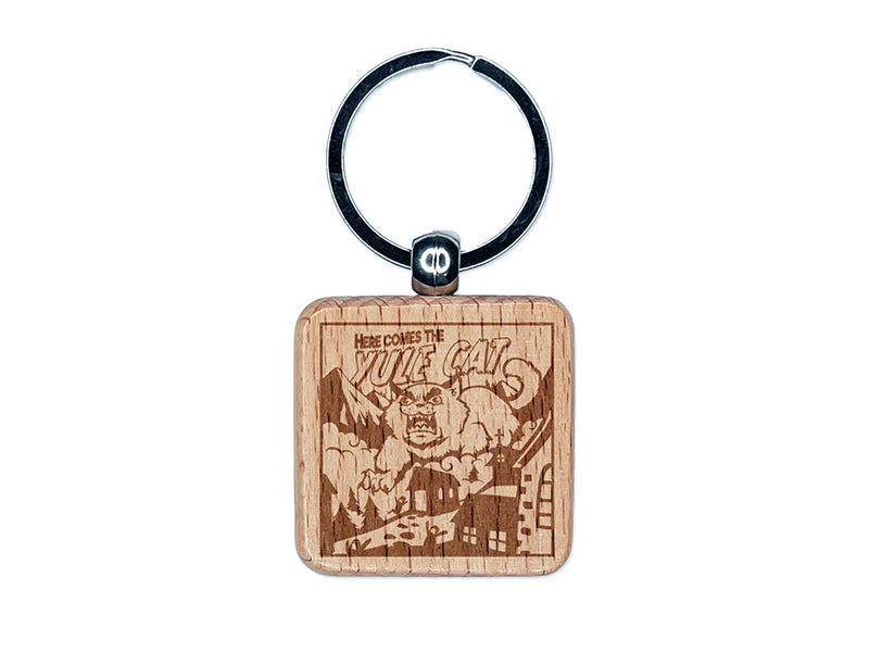 Here Comes the Yule Cat Icelandic Myth Folklore Christmas Engraved Wood Square Keychain Tag Charm