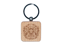 Intricate Barn Owl with Wreath of Branches and Moon Phases Engraved Wood Square Keychain Tag Charm