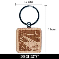 Lighthouse On the Ocean Under Night Sky Engraved Wood Square Keychain Tag Charm