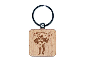 Mariachi Band Man with Spanish Guitar Engraved Wood Square Keychain Tag Charm