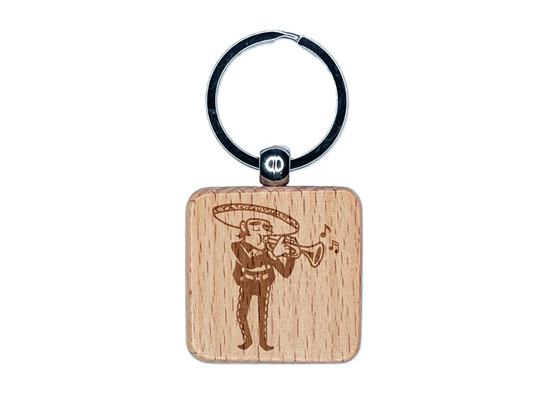 Mariachi Band Man with Spanish Trumpet Engraved Wood Square Keychain Tag Charm
