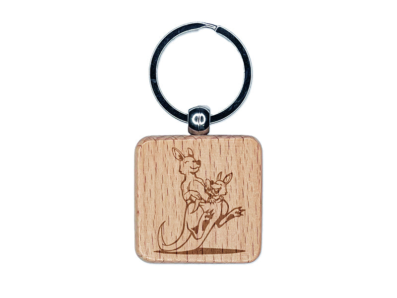 Mother Kangaroo with Baby Joey in Pouch Engraved Wood Square Keychain Tag Charm