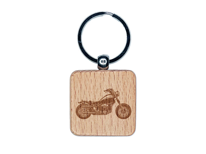 Motorcycle Motorbike Biker Vehicle Wheels Hog Engraved Wood Square Keychain Tag Charm