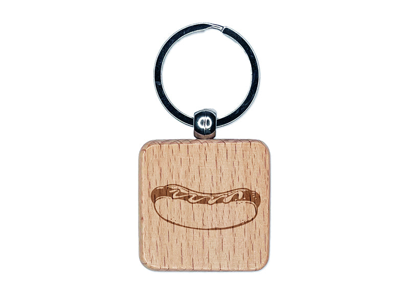 Plump Hotdog Frank on a Bun with Mustard or Ketchup Engraved Wood Square Keychain Tag Charm