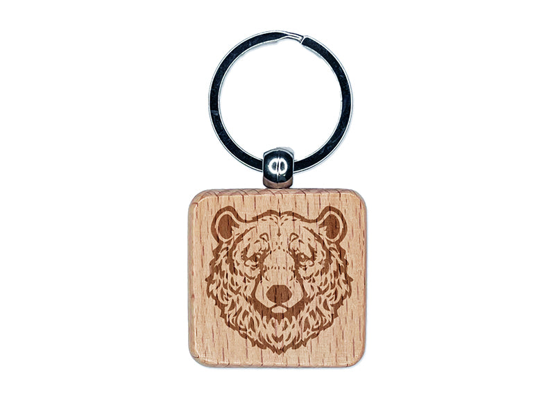Realistic Black Bear Head Engraved Wood Square Keychain Tag Charm