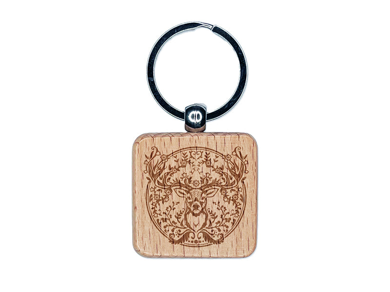 Regal Floral Wreath Deer Buck Head with Flower Antlers Engraved Wood Square Keychain Tag Charm