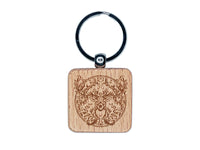 Regal Floral Wreath Deer Buck Head with Flower Antlers Engraved Wood Square Keychain Tag Charm