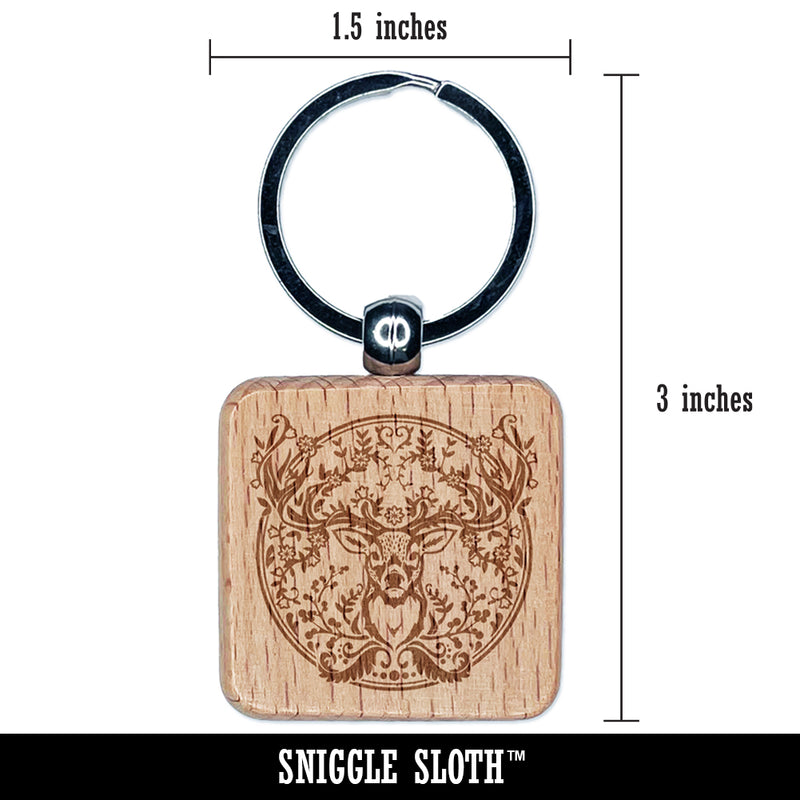 Regal Floral Wreath Deer Buck Head with Flower Antlers Engraved Wood Square Keychain Tag Charm