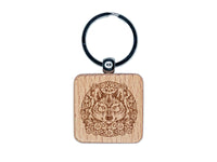 Regal Floral Wreath Wolf Wolves Head with Flower Antlers Engraved Wood Square Keychain Tag Charm