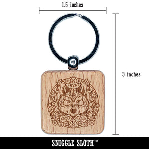 Regal Floral Wreath Wolf Wolves Head with Flower Antlers Engraved Wood Square Keychain Tag Charm