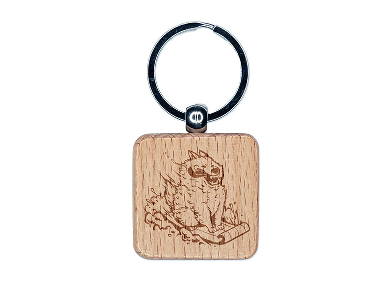 Silly Samoyed Sledding Snow Dog Engraved Wood Square Keychain Tag Charm