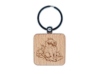 Silly Samoyed Sledding Snow Dog Engraved Wood Square Keychain Tag Charm