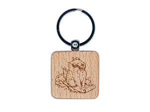 Silly Samoyed Sledding Snow Dog Engraved Wood Square Keychain Tag Charm