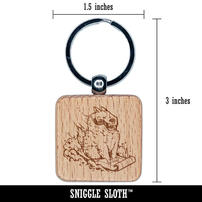 Silly Samoyed Sledding Snow Dog Engraved Wood Square Keychain Tag Charm