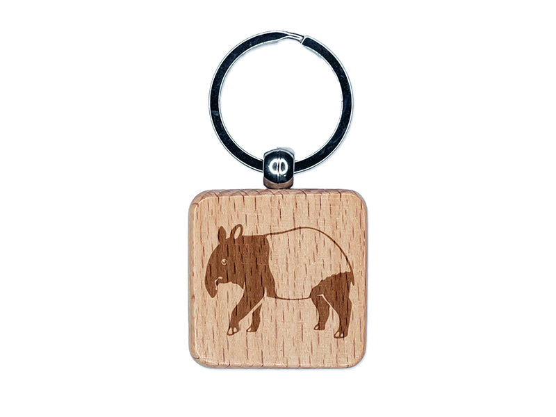 Simple Malayan Asian Tapir Engraved Wood Square Keychain Tag Charm