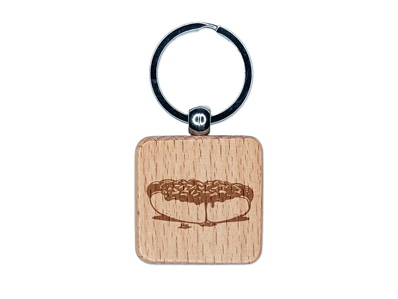 Sloppy Messy Chili Cheese Dog Plump Hotdog Frank on a Bun Engraved Wood Square Keychain Tag Charm