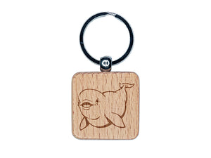 Smiling Beluga Whale Engraved Wood Square Keychain Tag Charm