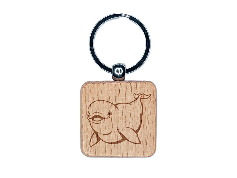 Smiling Beluga Whale Engraved Wood Square Keychain Tag Charm