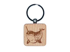 Spotted Narwhal Unicorn of the Sea Engraved Wood Square Keychain Tag Charm