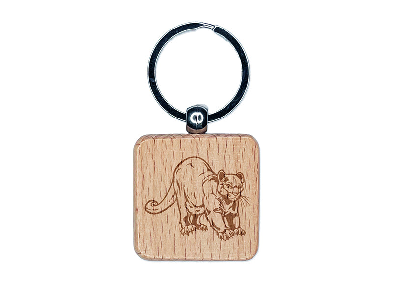 Stretching Mountain Lion Cougar Cat Engraved Wood Square Keychain Tag Charm