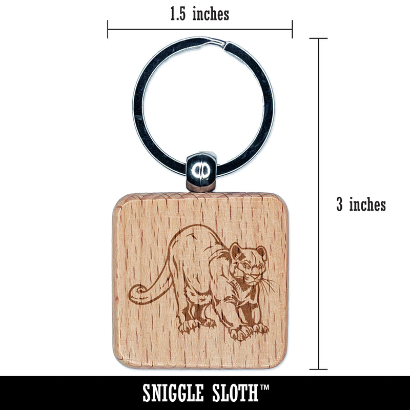 Stretching Mountain Lion Cougar Cat Engraved Wood Square Keychain Tag Charm
