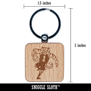 Tiger Playing Basketball Athletic Sports Engraved Wood Square Keychain Tag Charm
