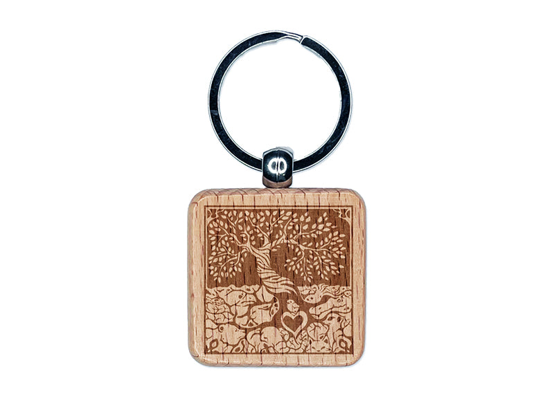 Tree of Life with Hidden Animals in Roots Engraved Wood Square Keychain Tag Charm