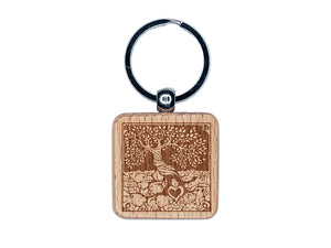 Tree of Life with Hidden Animals in Roots Engraved Wood Square Keychain Tag Charm