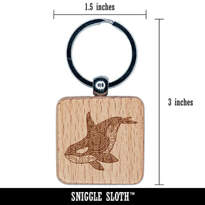 Tribal Orca Killer Whale Engraved Wood Square Keychain Tag Charm